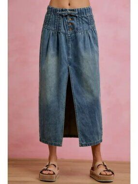 Pleated Washed Denim Skirt with Front Slit NEW